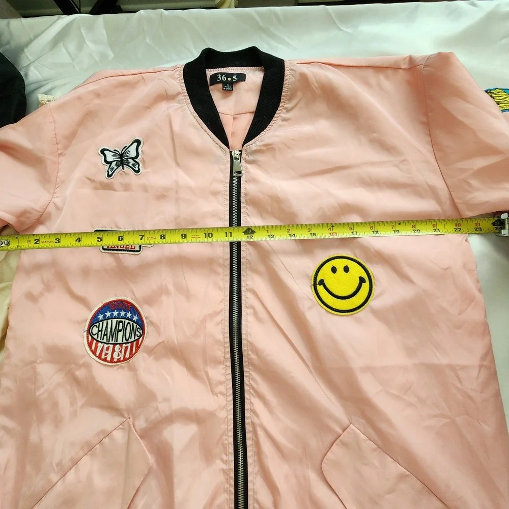 Y2K 36.5 Pink Longline Bomber Jacket with Patches Womens S Windbreaker Retro